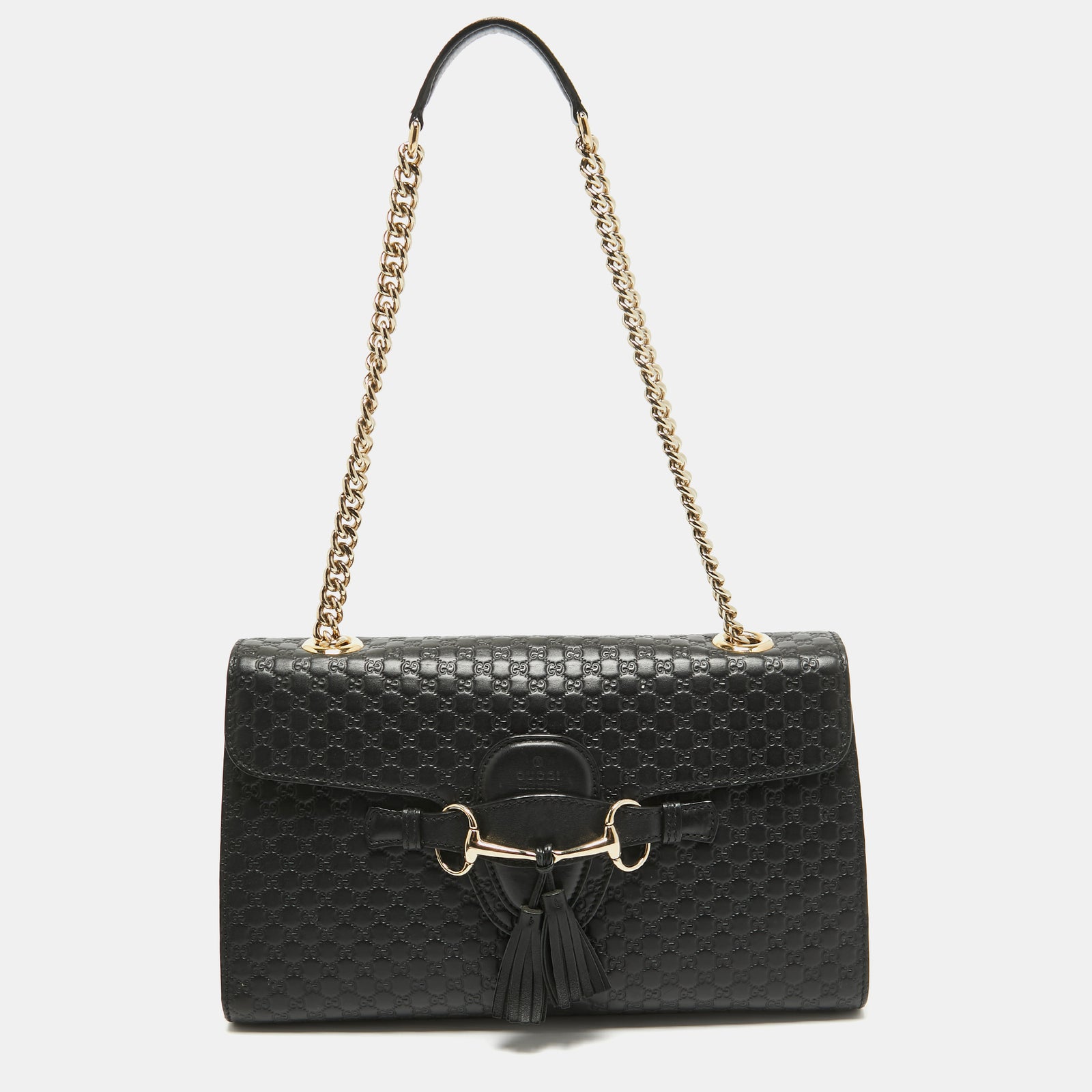 Gucci Mittelgroße Emily-Schultertasche mit Kette aus Microguccissima-Leder in Schwarz