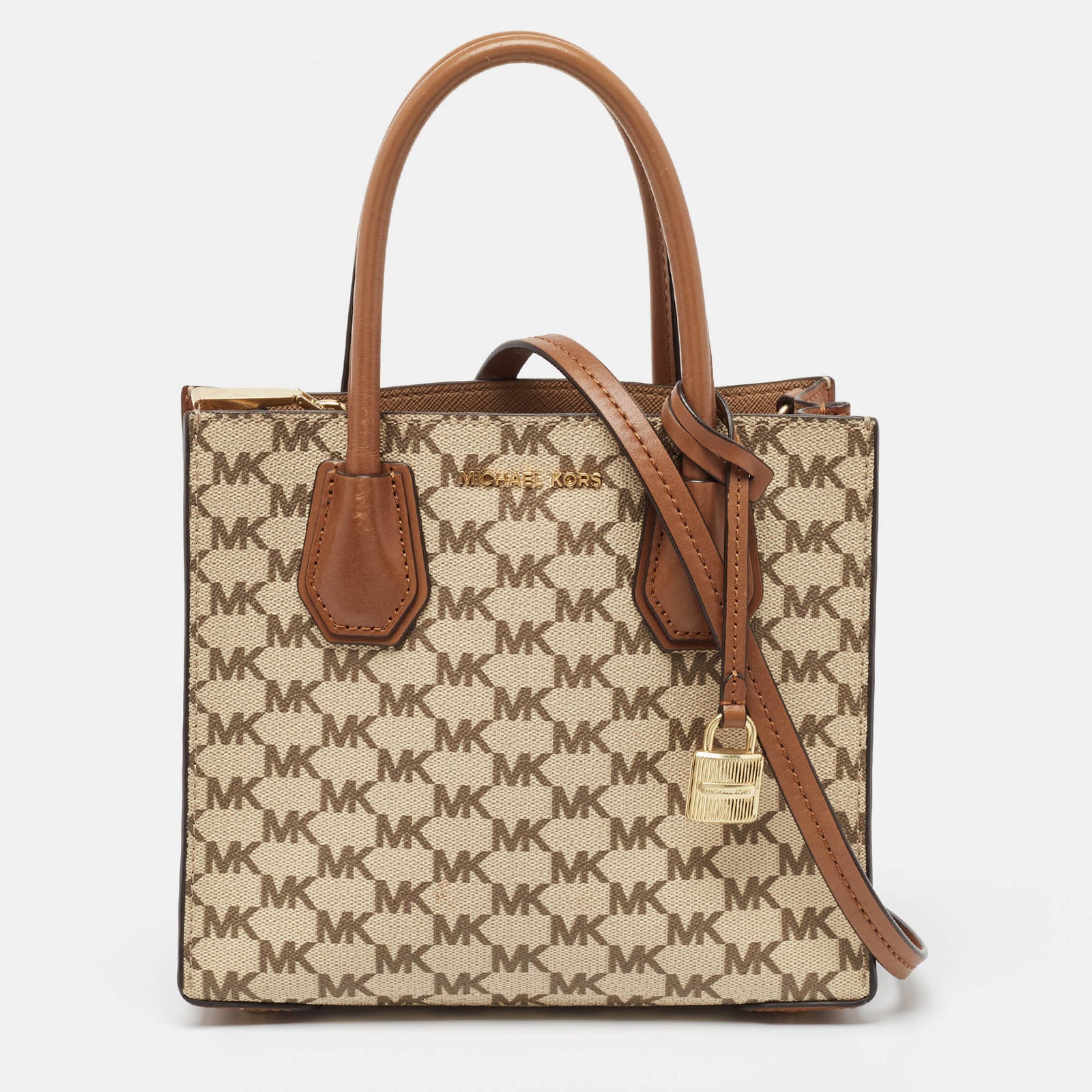 Michael Kors Brown/Beige Signature Coated Canvas and Leather Mini Mercer Tote