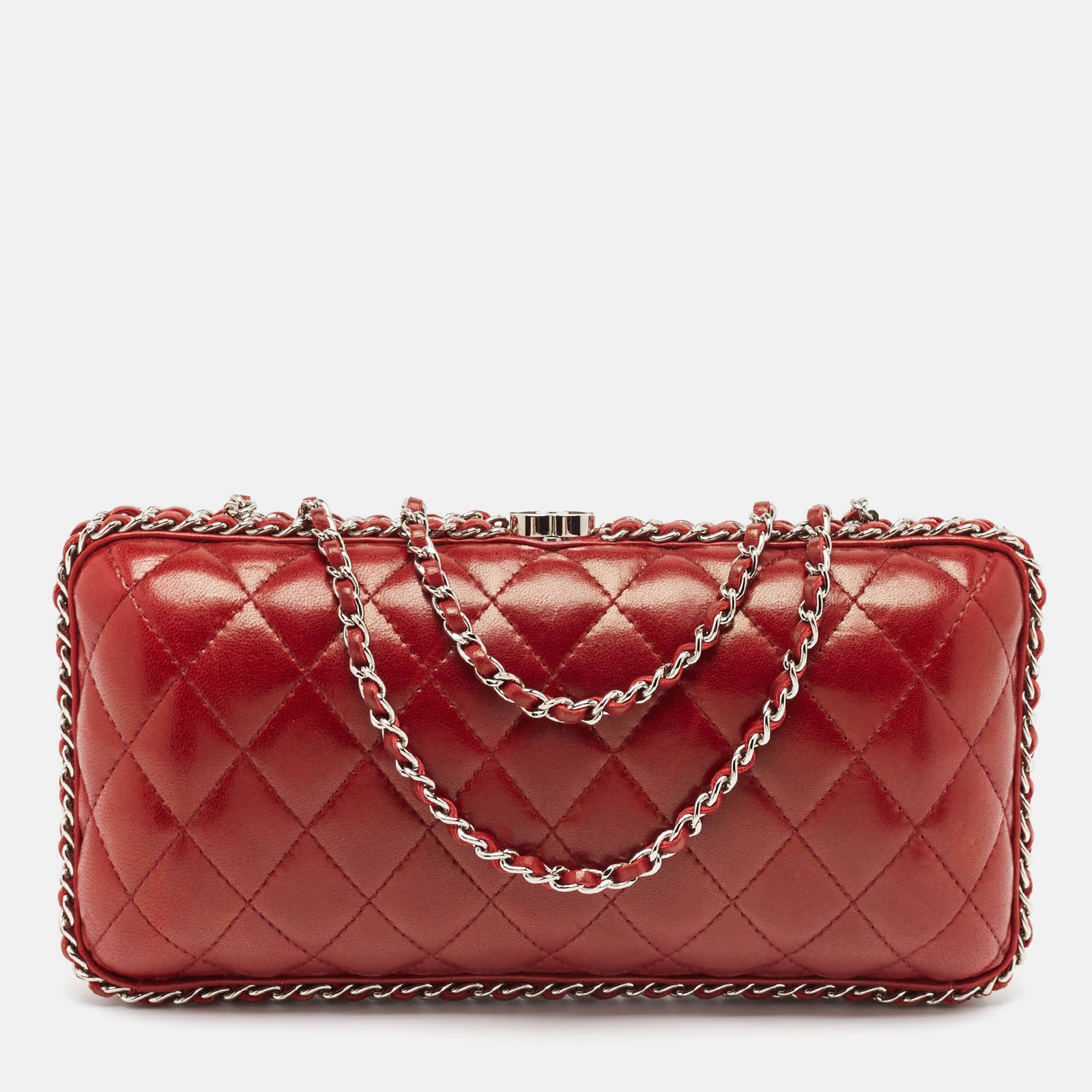 Chanel Rote Clutch aus gestepptem Leder mit Kette