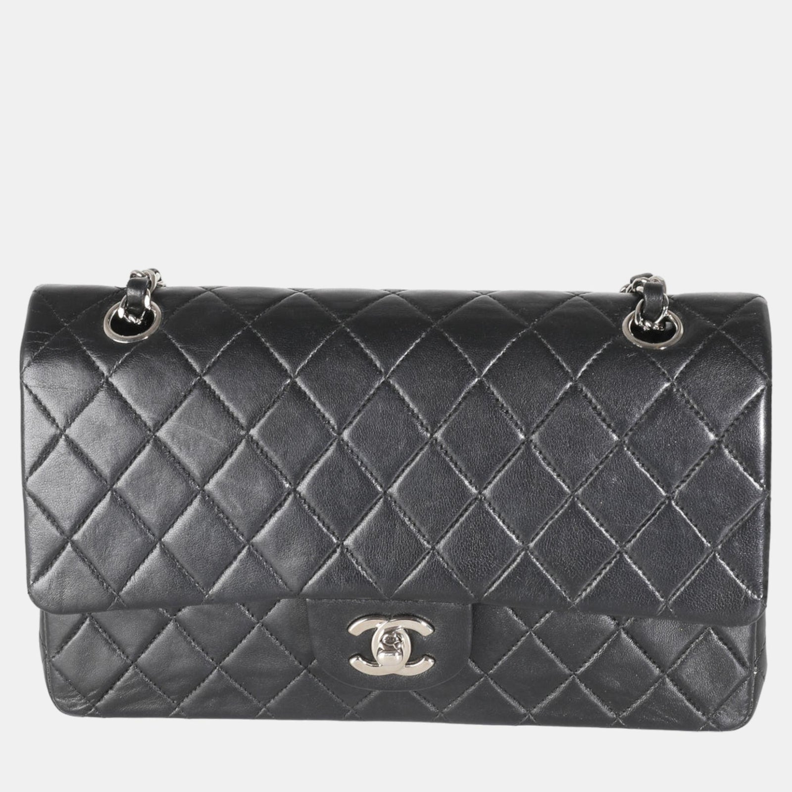 Chanel Klassische mittelgroße Tasche aus gestepptem Lammleder in Schwarz mit Doppelklappe