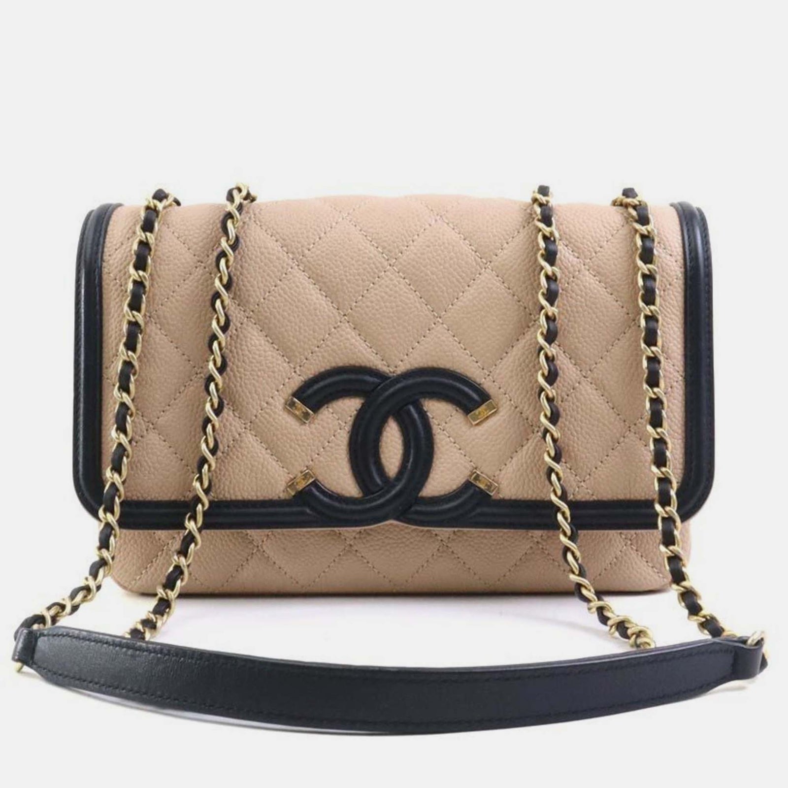 Chanel Kleine CC Filigrane Umhängetasche aus Leder in Beige/Schwarz