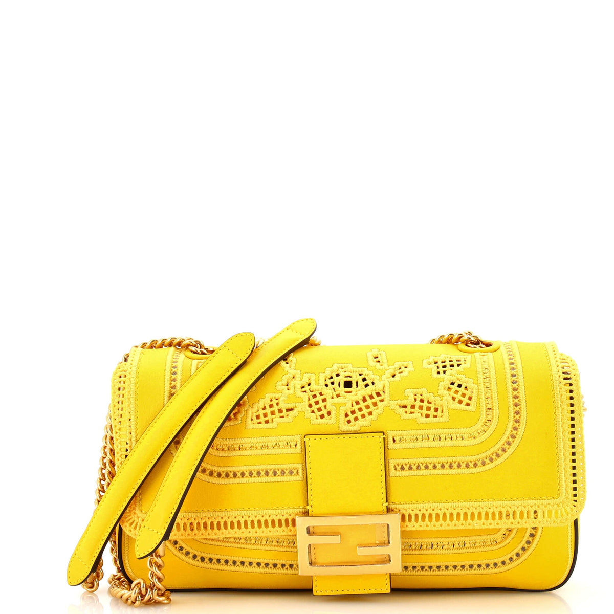 Fendi FENDI Lace Baguette Chain Bag Embroidered Leather Medium