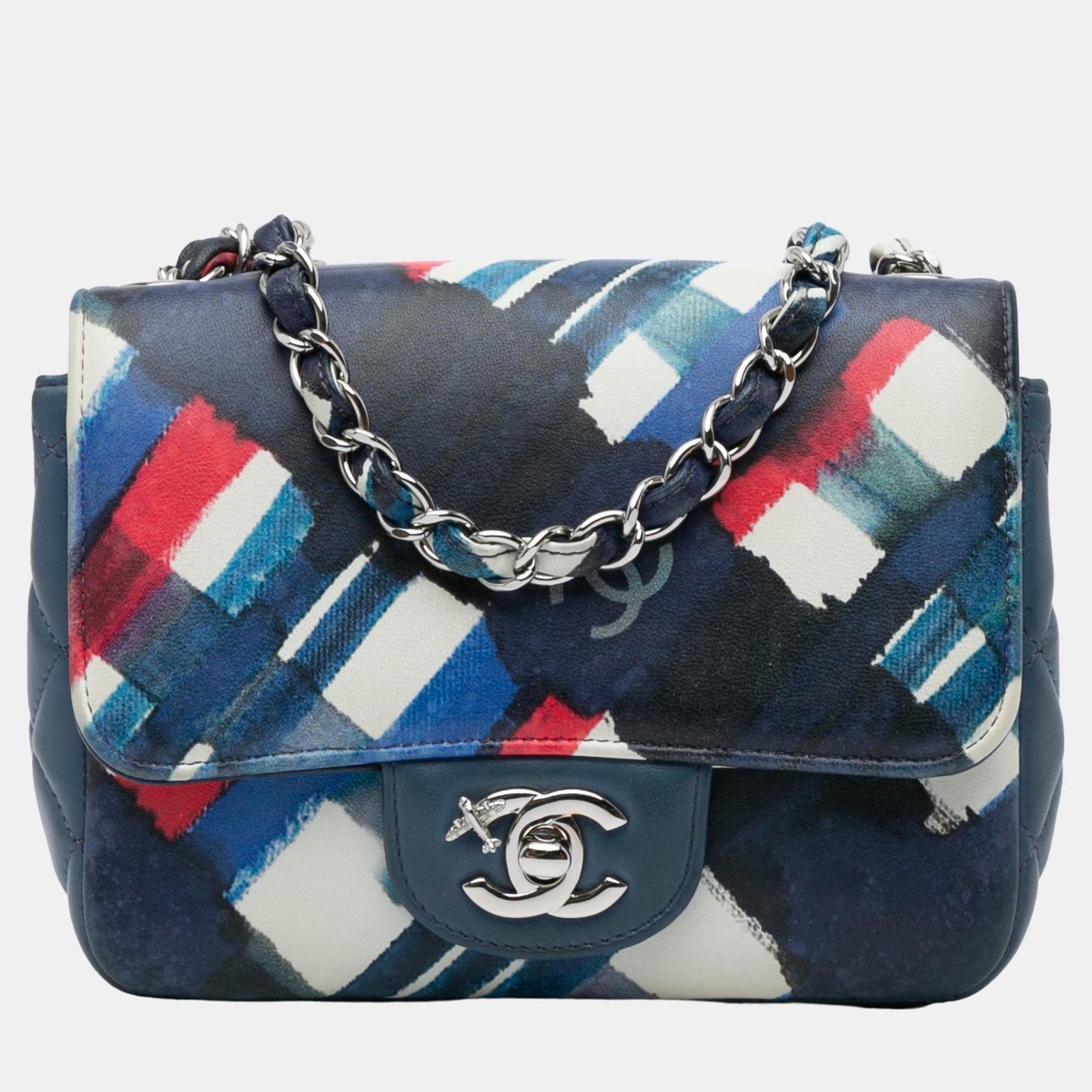 Chanel Mini sac carré à rabat en cuir d'agneau bleu imprimé compagnies aériennes