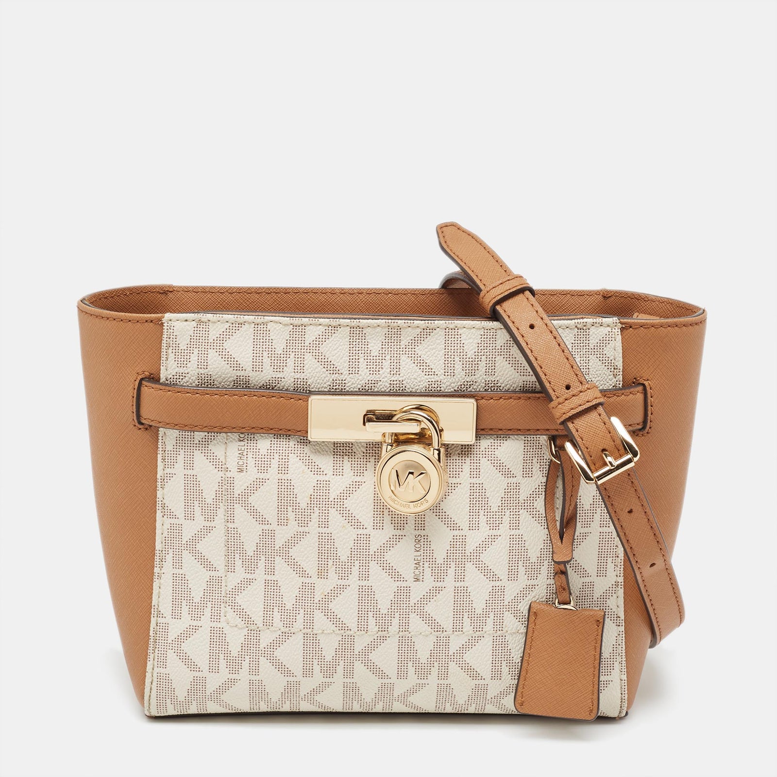 Michael Kors Tan/White Signature Coated Canvas Hamilton Crossbody Bag