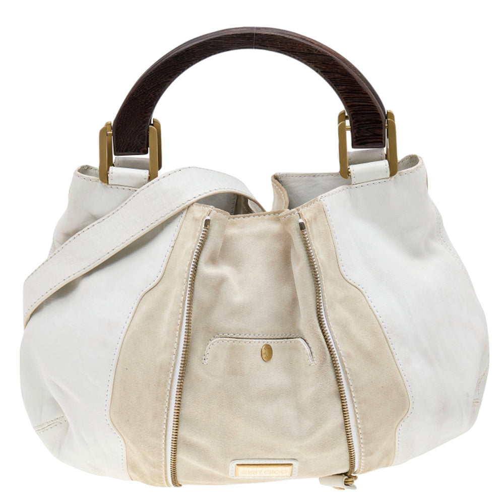 White/Light Beige Leather and Suede Maia Hobo