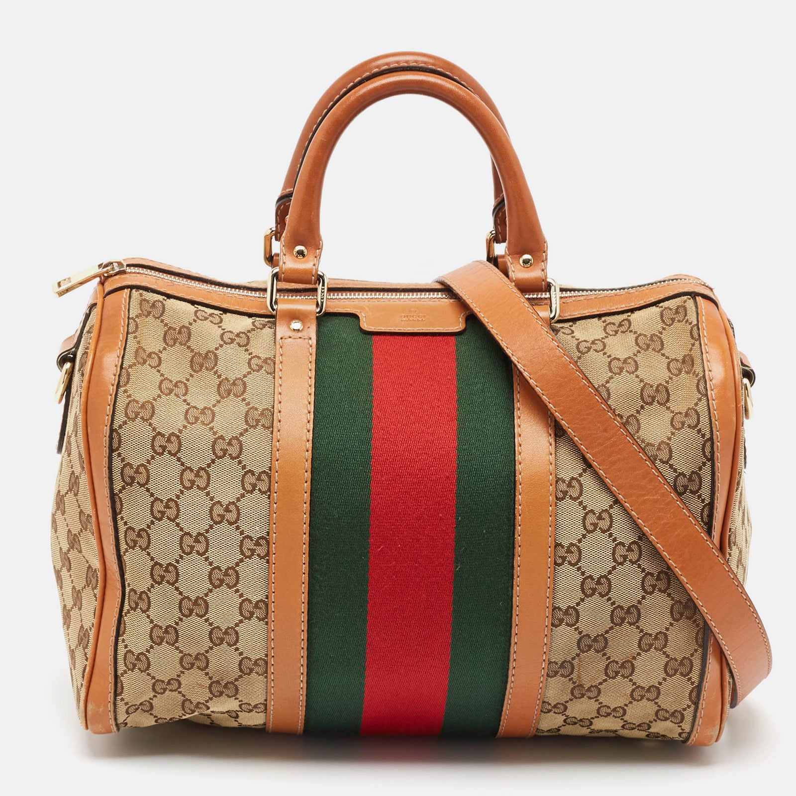 Gucci Mittelgroße Boston-Tasche aus GG Canvas mit Vintage-Webmuster in Hellbraun/Beige