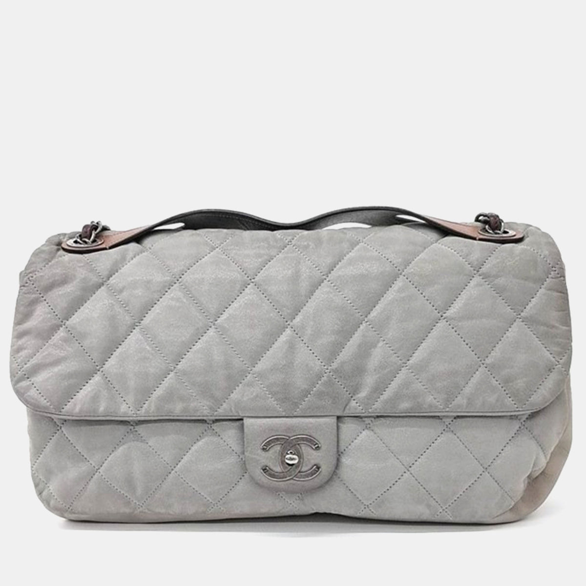 Chanel Grey Stitched Leather Messenger Flap Bag