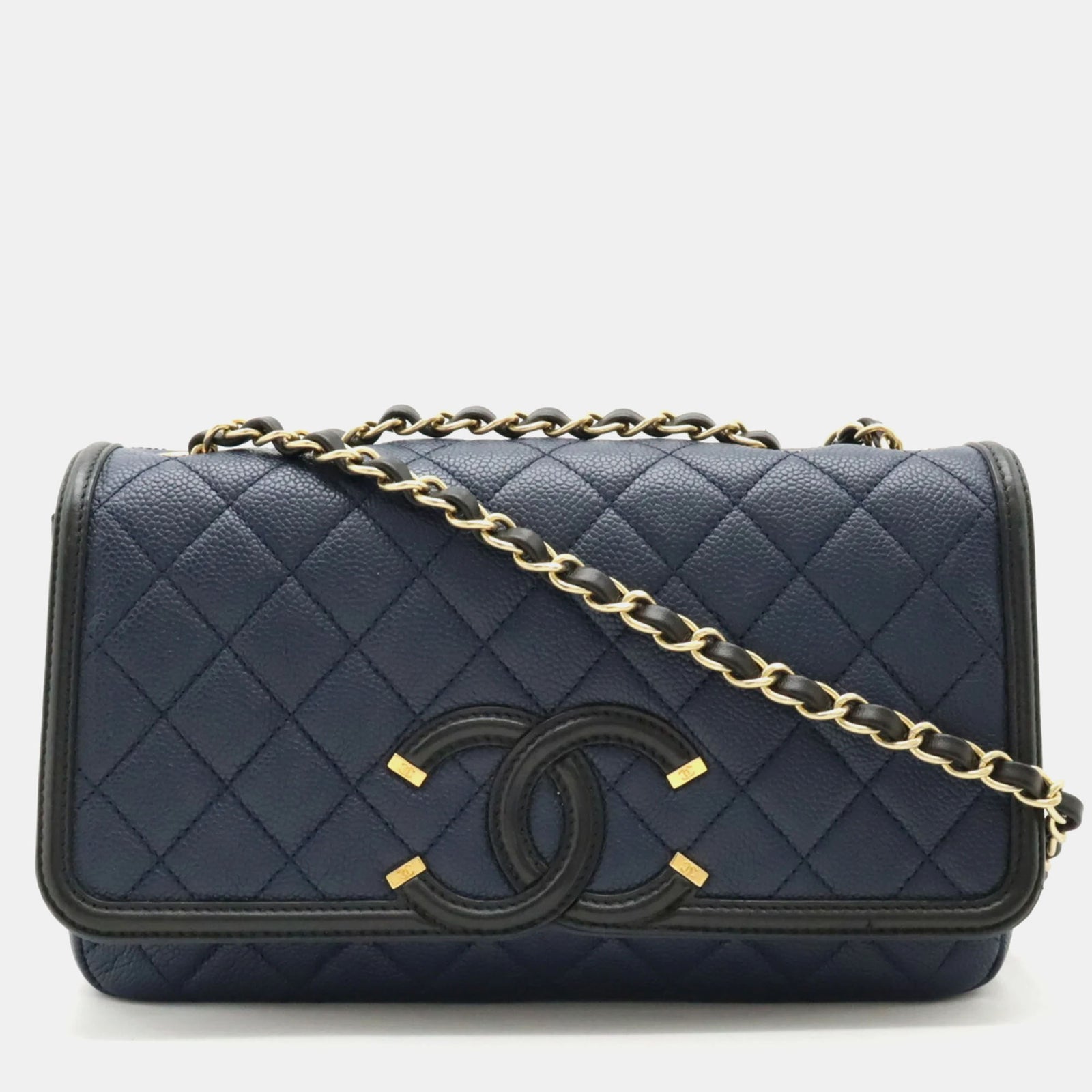 Chanel Blau/schwarze gesteppte CC Filigrane Schultertaschen aus Kaviarleder