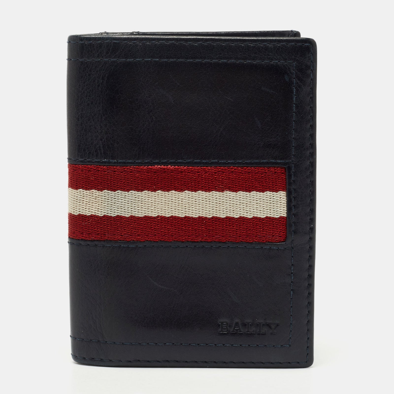 Bally Navy Blue Leather and Canvas Web Bifold Card Case