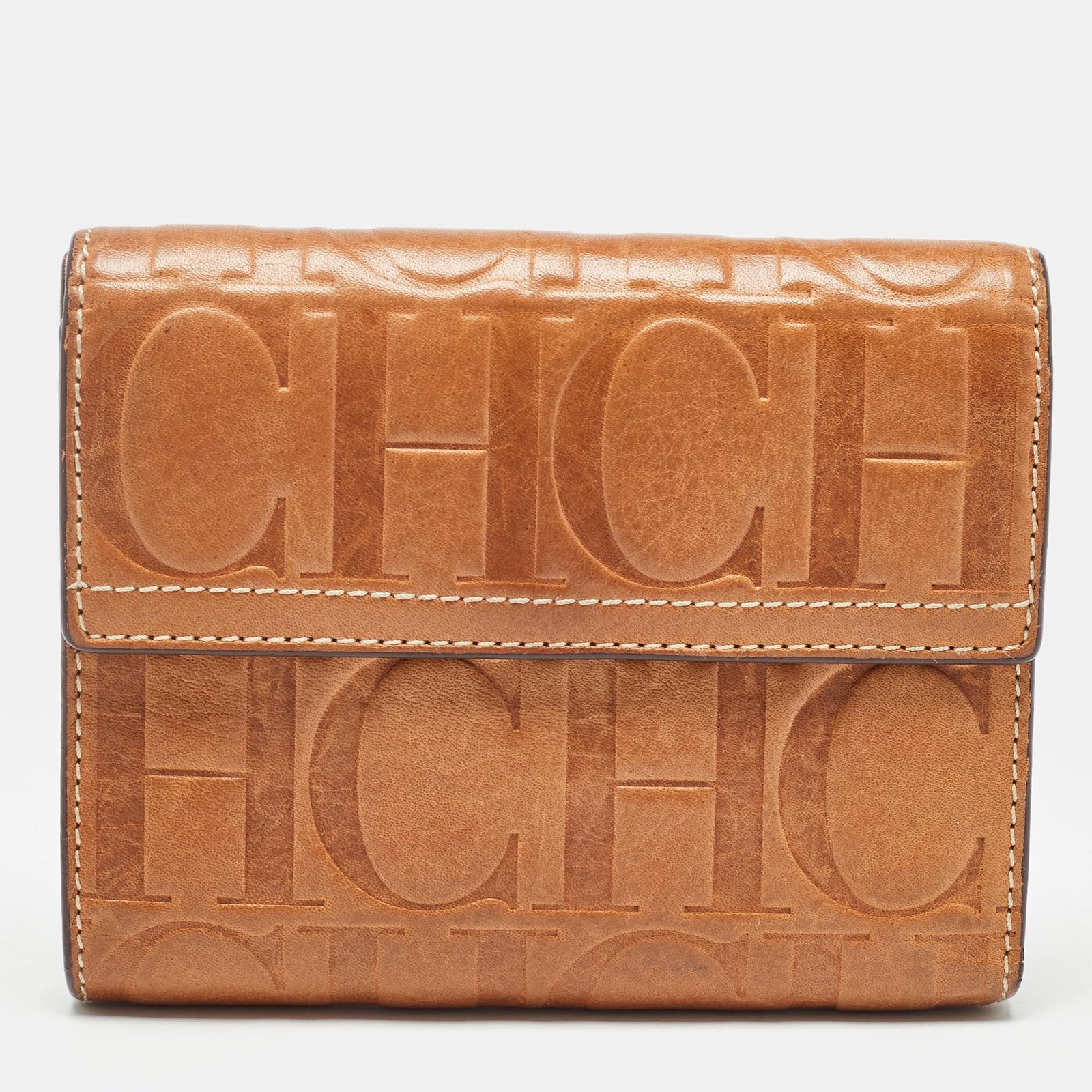 Carolina Herrera Brown Monogram Embossed Leather Trifold Wallet