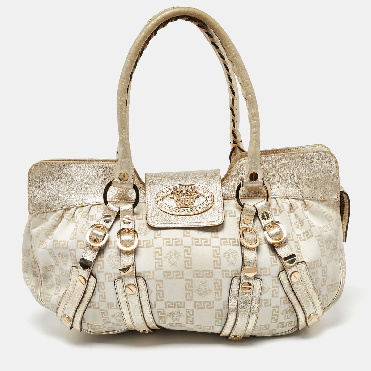 Versace Beige/Gold Signature Canvas and Leather Medussa Buckle Satchel