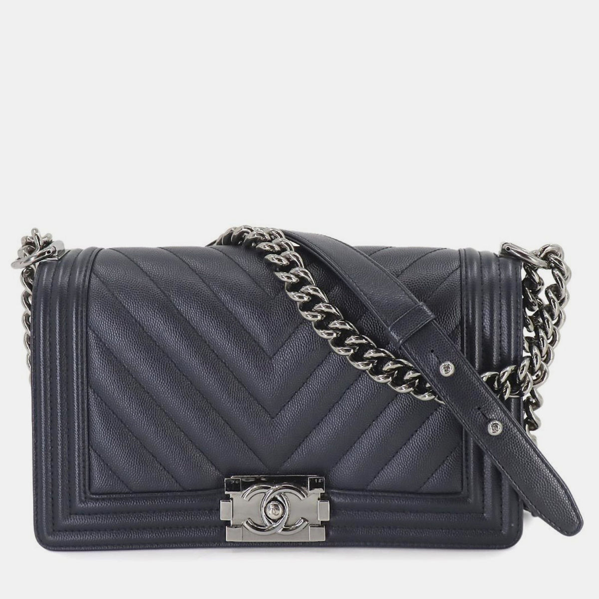 Chanel Navy Caviar Skin Chevron Boy Chain Shoulder Bag