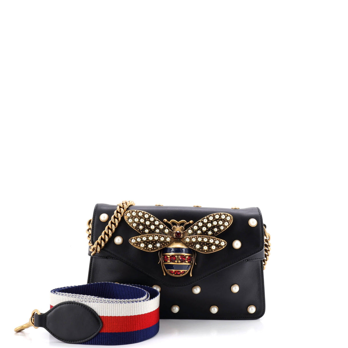 Gucci GUCCI Broadway Pearly Bee Shoulder Bag Embellished Leather Mini