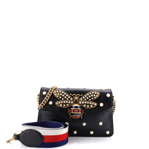 GUCCI Broadway Pearly Bee Shoulder Bag Embellished Leather Mini
