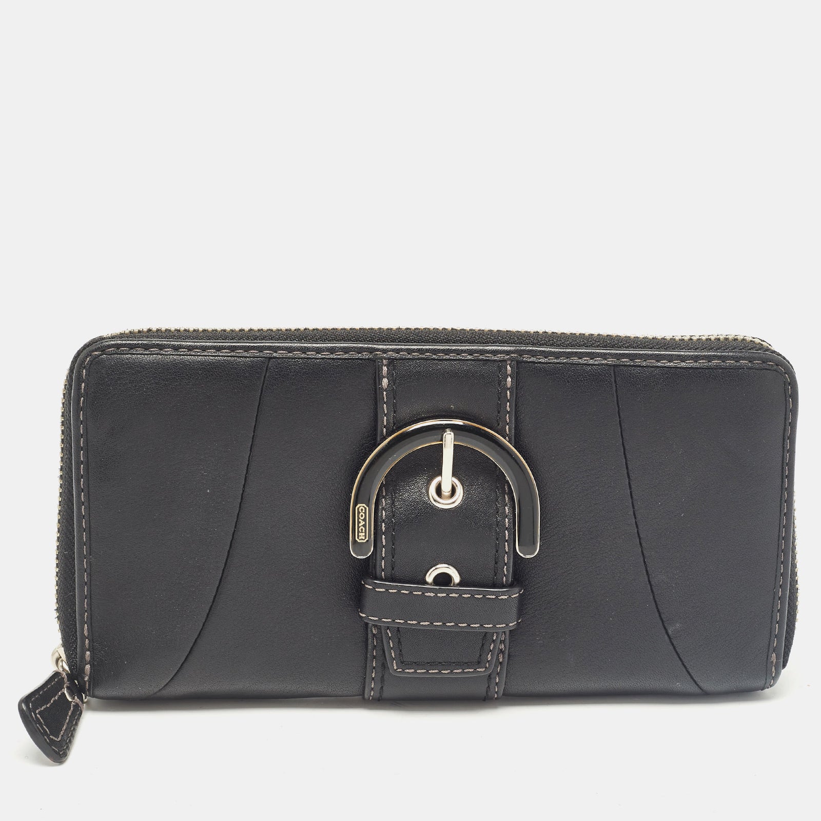 Coach Black Leather Buckle Zip Continental Wallet