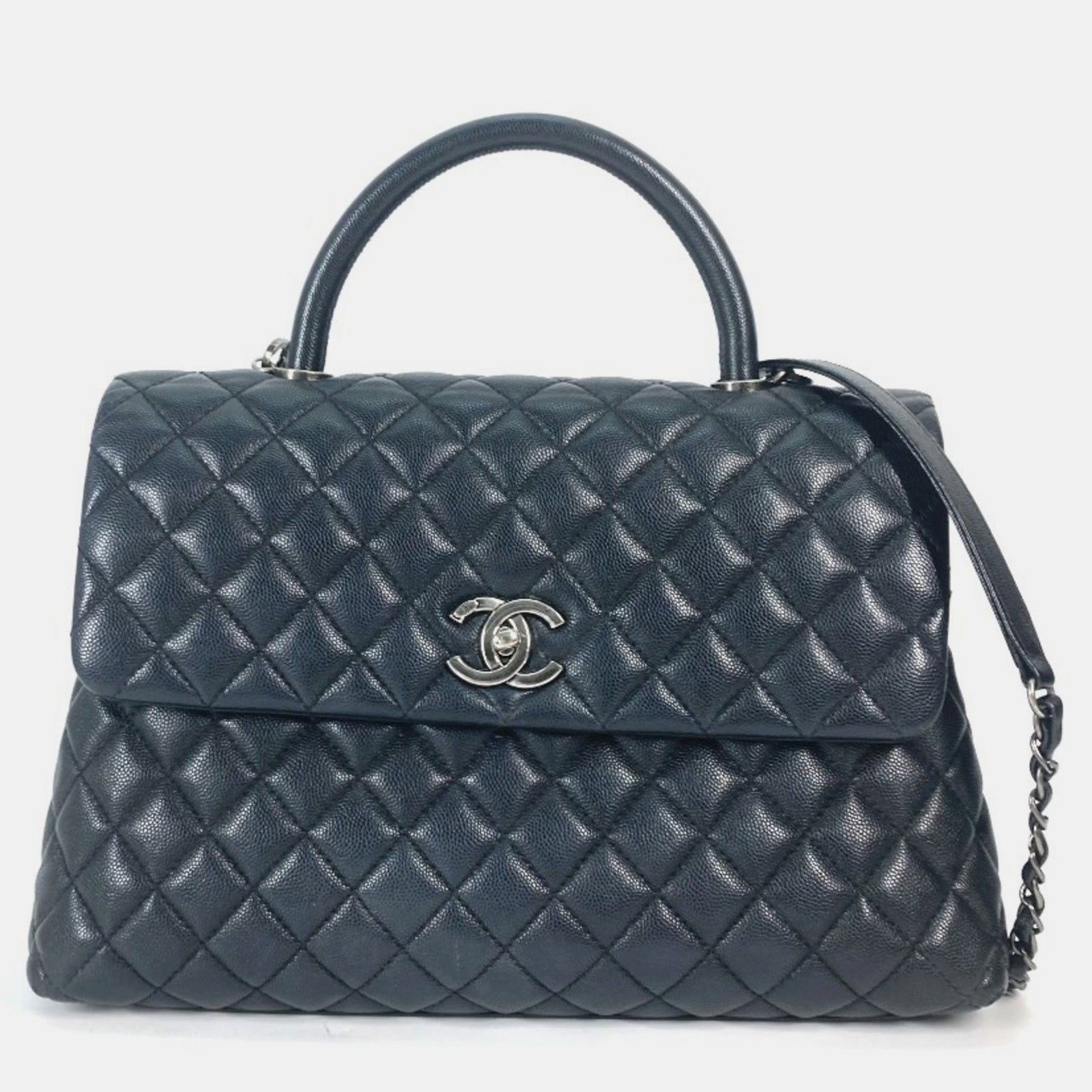 Chanel Sac à main en cuir noir avec poignée en coco de taille moyenne