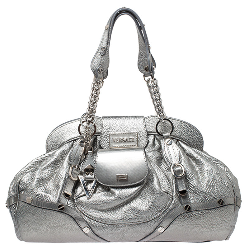 Metallic Silver Leather Chain Link Satchel