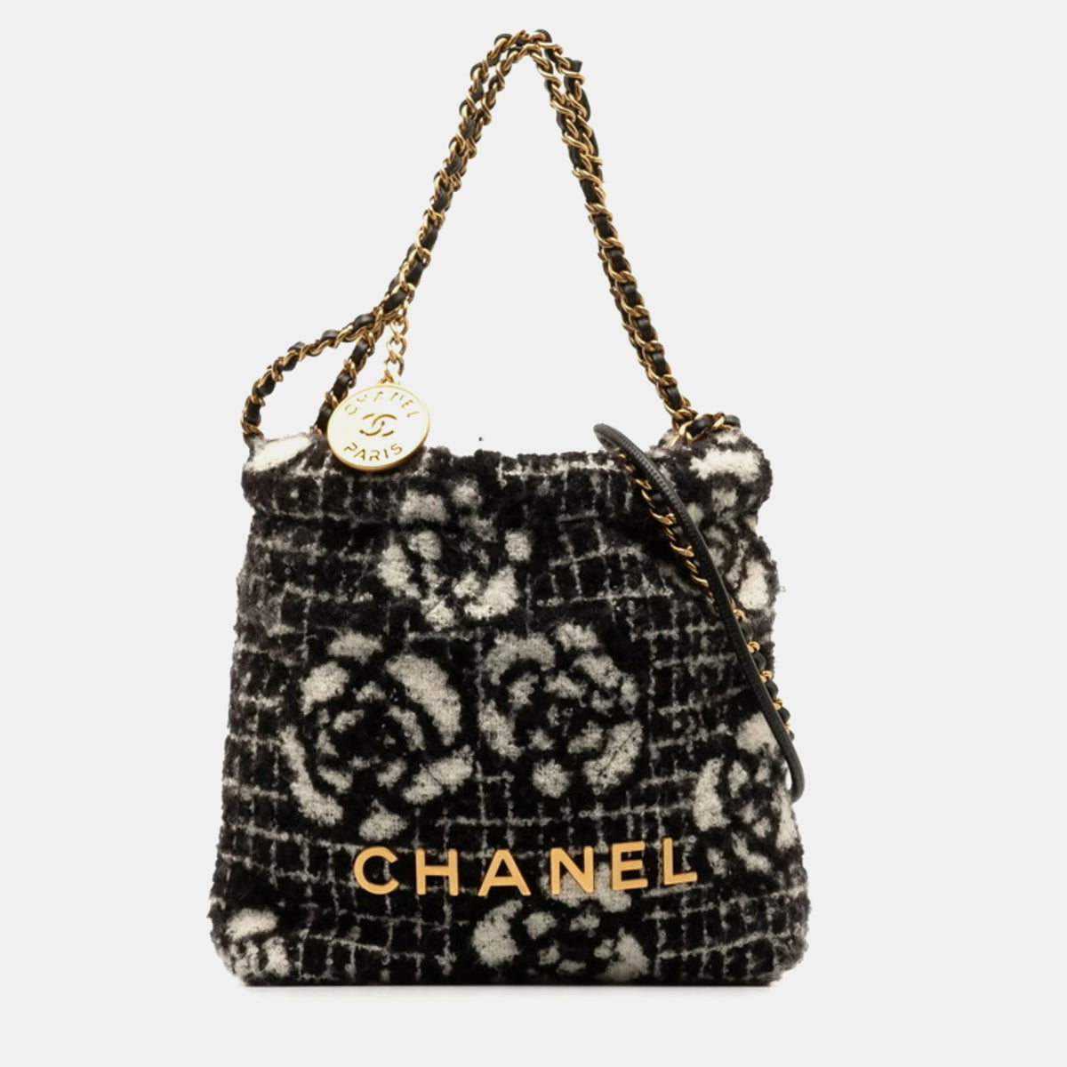Chanel Black Cotton Camellia 22 Hobo Bag