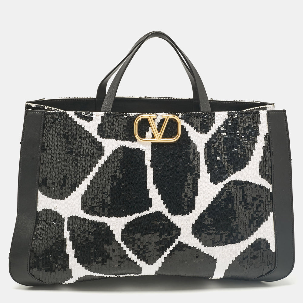 Black/White Printed Sequins and Leather VLogo Tote