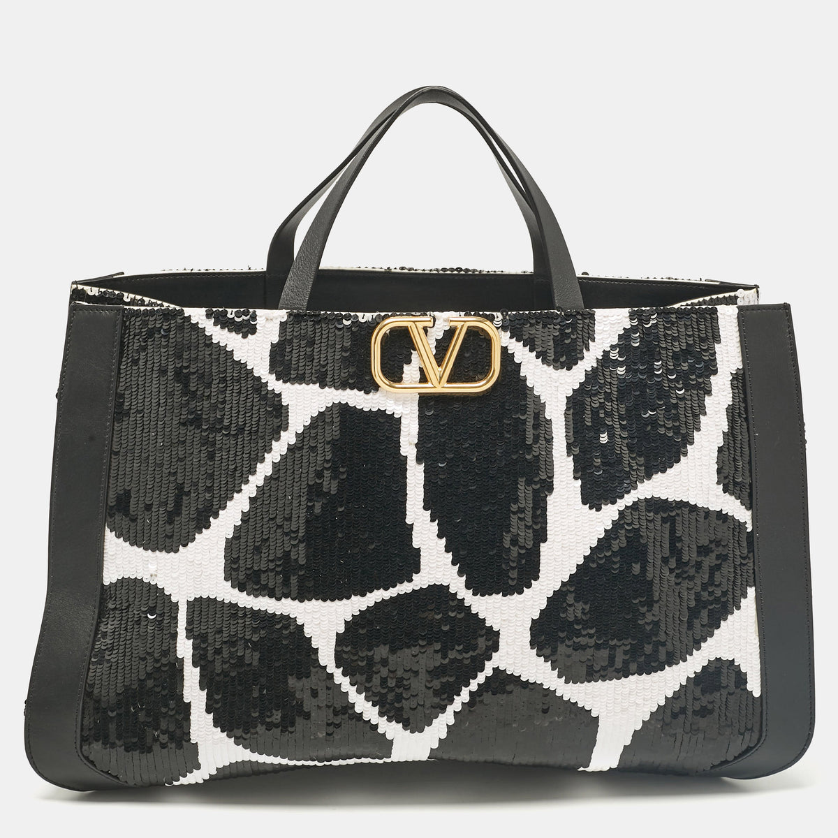 Valentino Black/White Printed Sequins and Leather VLogo Tote