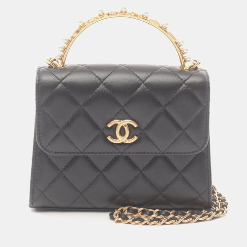 Black Quilted Lambskin Top Handle Flap Bag