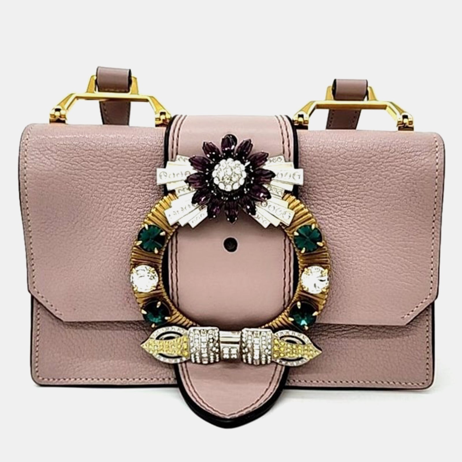 Miu Miu Dusty Pink Madras Leather Crystal Embellished Buckle Flap Shoulder Bag