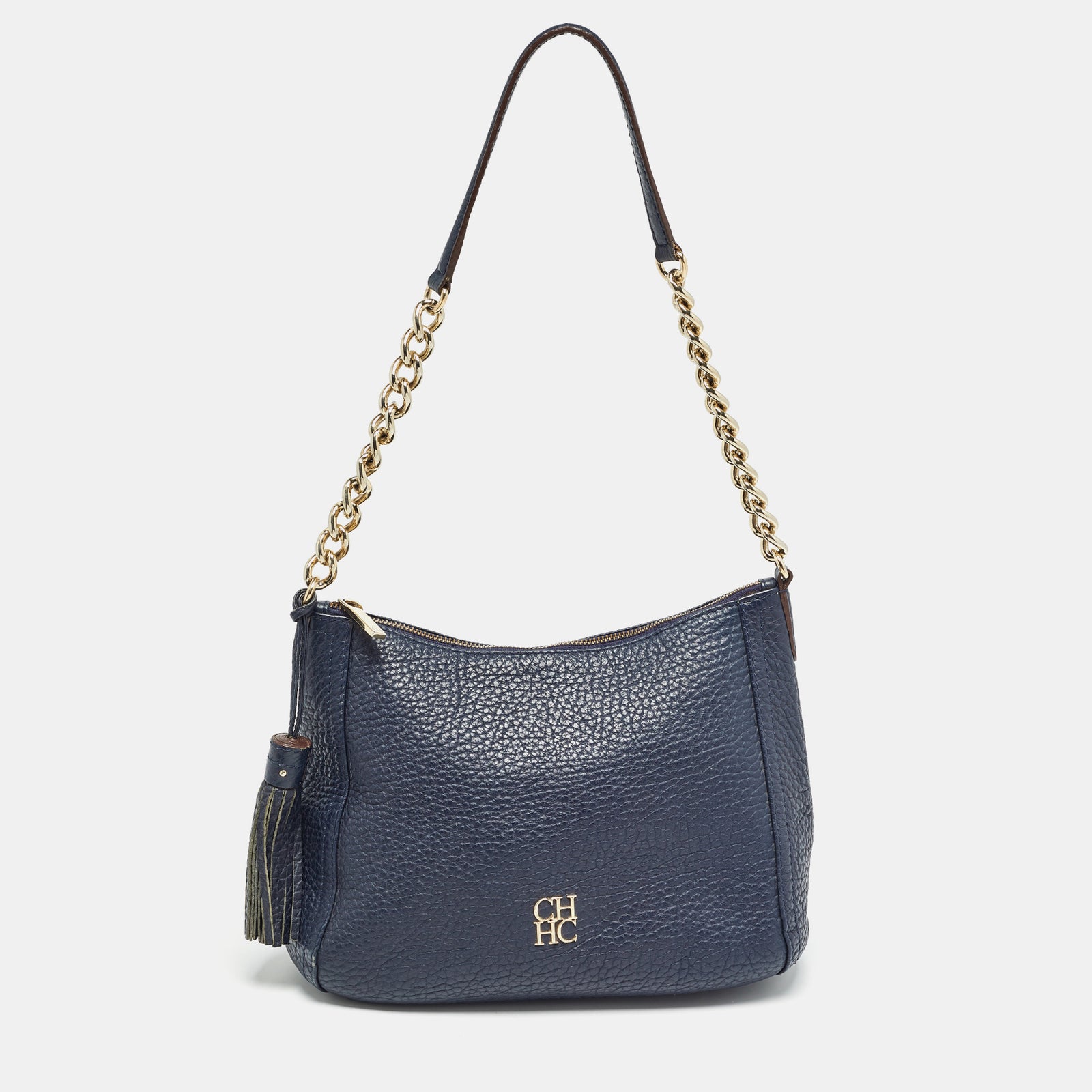 Carolina Herrera Navy Blue Leather Maria Tassel Hobo