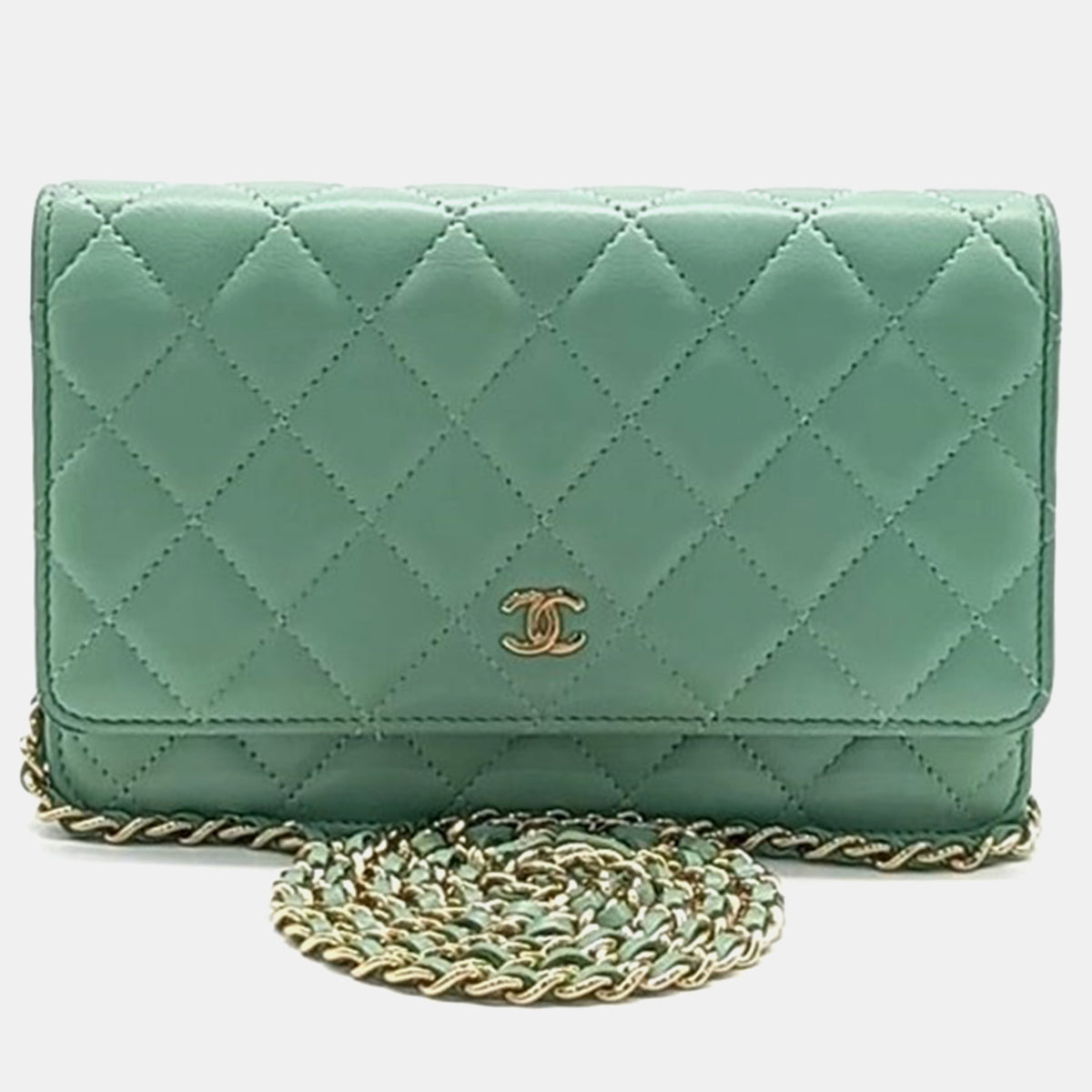 Chanel Green Leather Classic Quilted Wallet On Chain Crossbody Bag