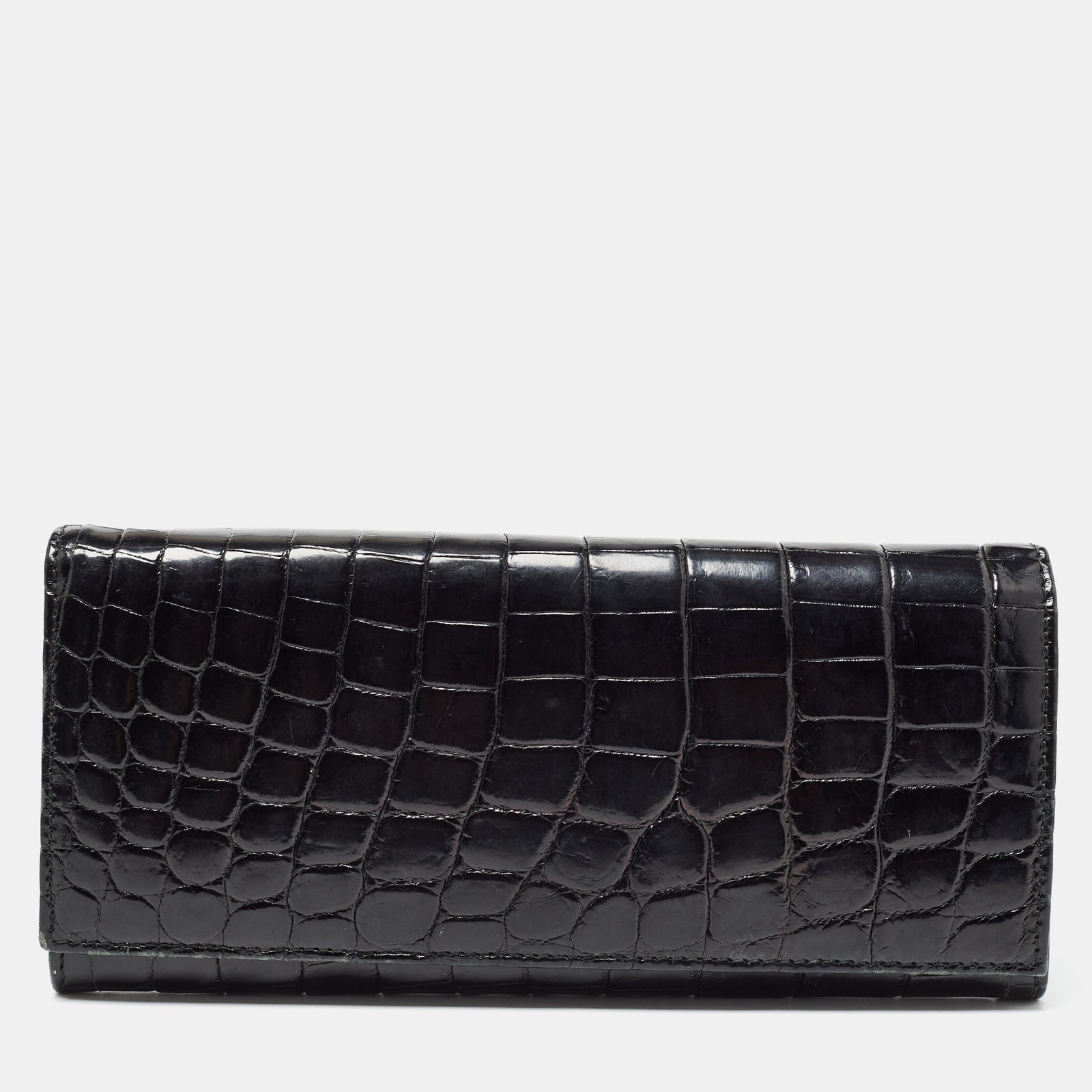 Prada Black Crocodile Flap Continental Wallet