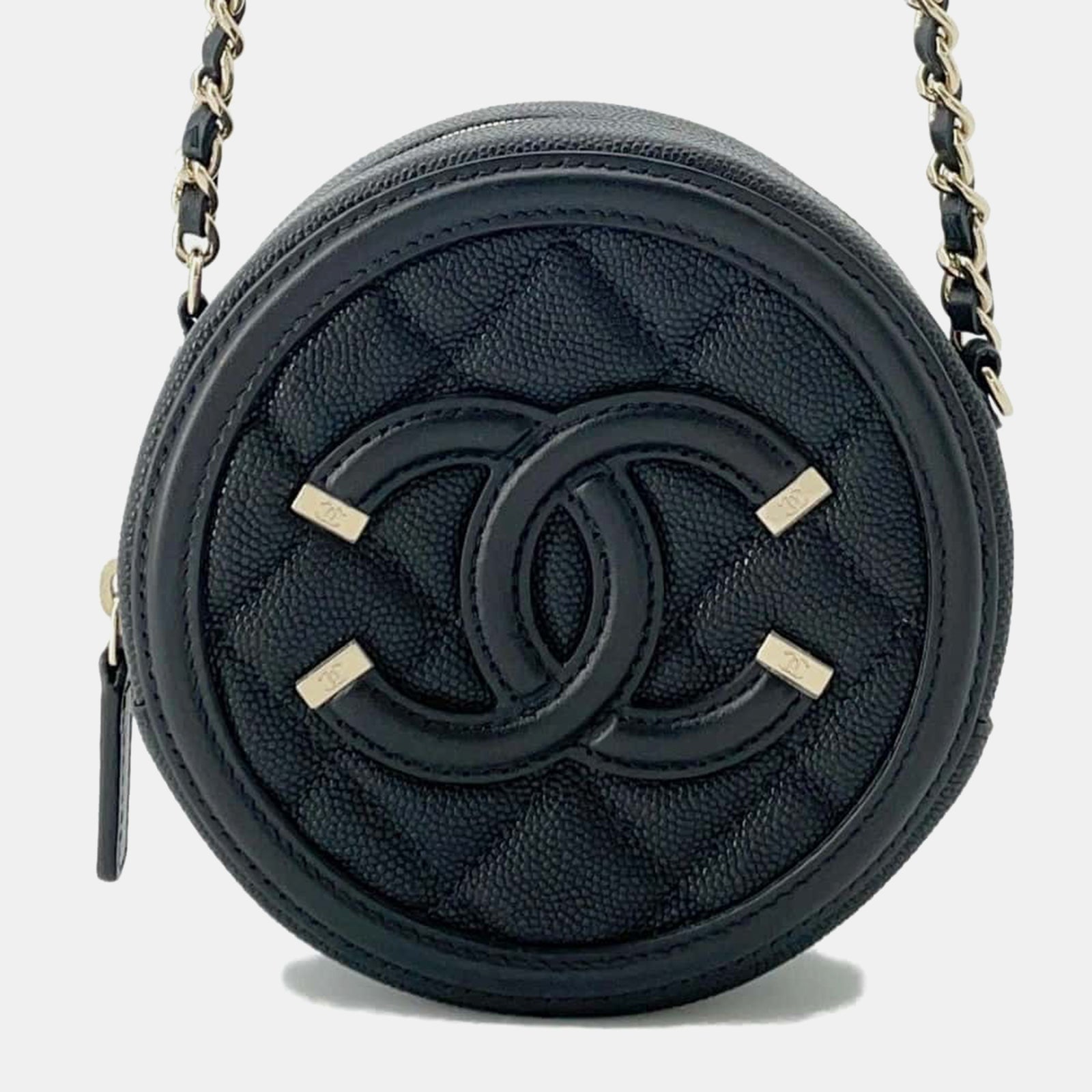 Chanel Schwarze CC Filigrane Schultertasche aus Leder mit runder Kette