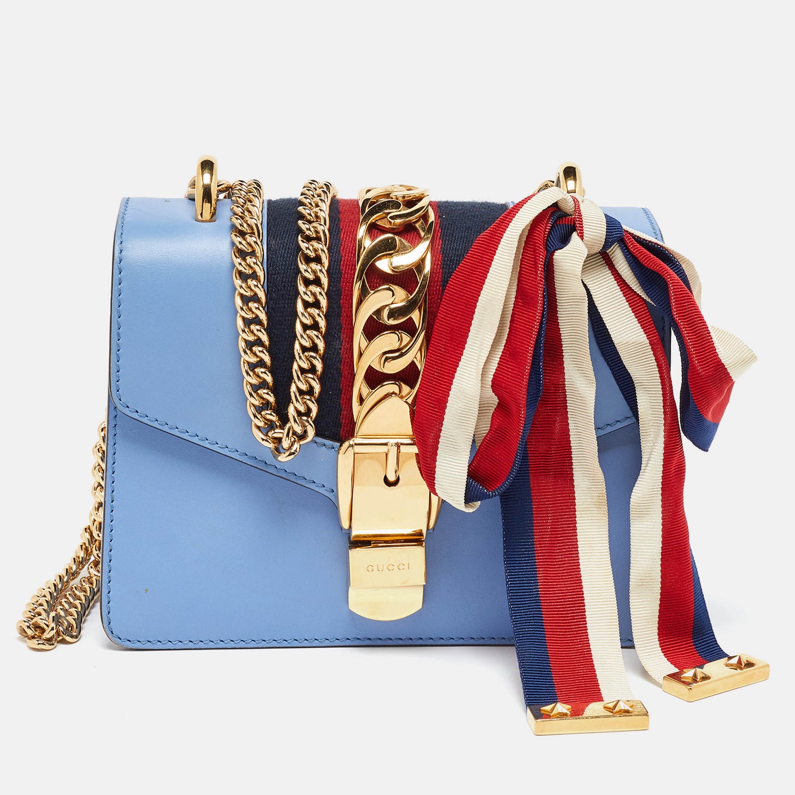 Gucci Kleine Sylvie Schultertasche mit Kette aus blauem Leder