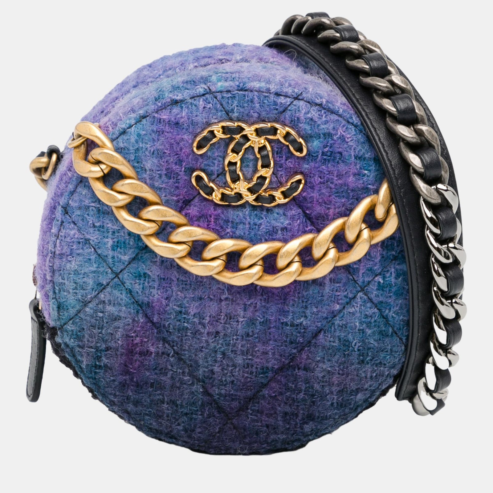 Chanel Blue/Purple Tweed 19 Round Clutch with Chain