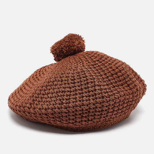 Brown Crochet Knit Pom-Pom Beret Cap M