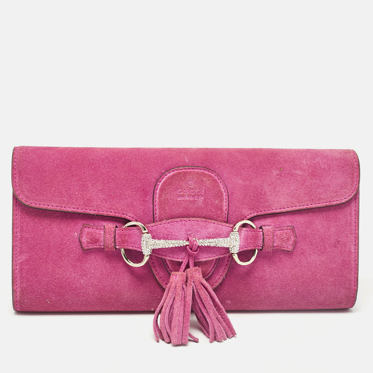 Gucci Pink Suede Crystals Horsebit Broadway Clutch