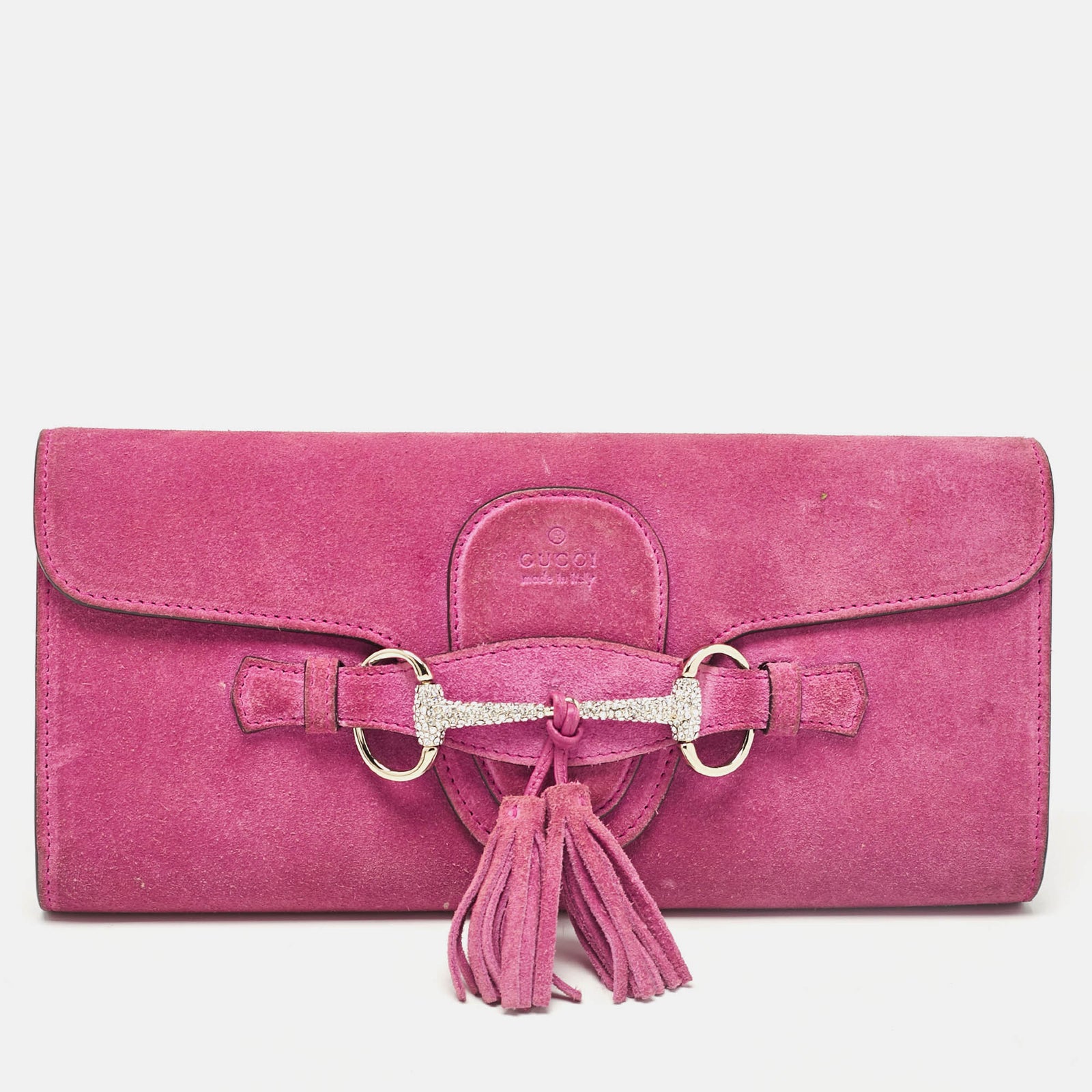 Gucci Rosafarbene Horsebit Broadway Clutch aus Wildleder mit Kristallen