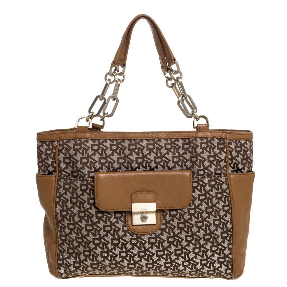 DKNY Beige/Tan Signature Canvas and Leather Tote