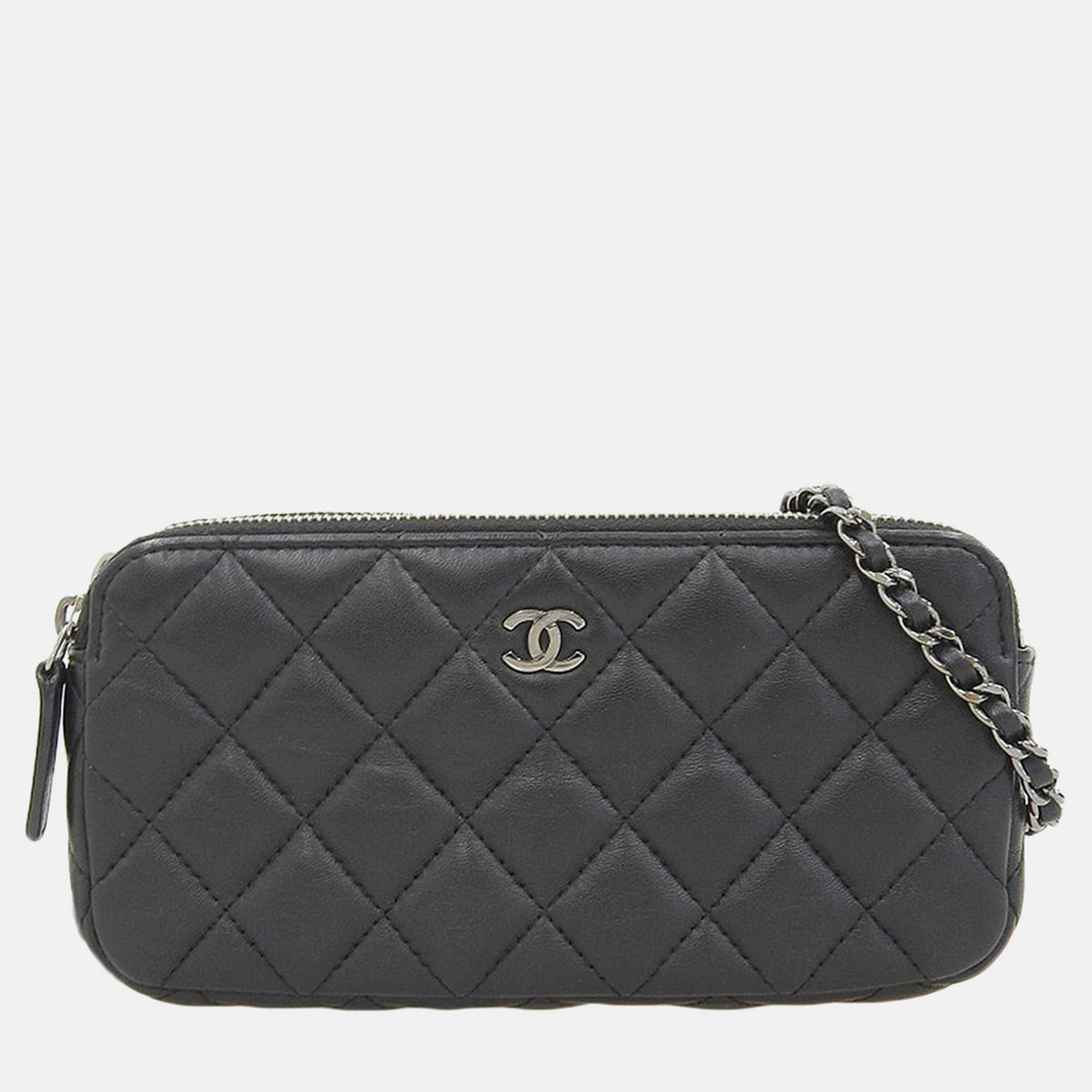 Chanel Black Leather Quilted Double Zip Clutch with Chain