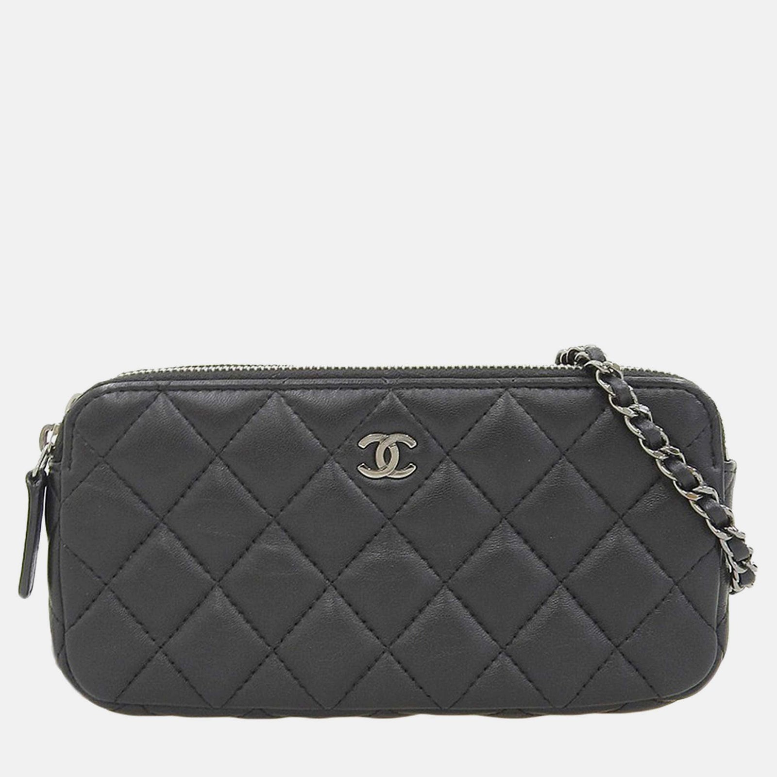 Chanel Schwarze gesteppte Clutch aus Leder mit Doppelreißverschluss und Kette