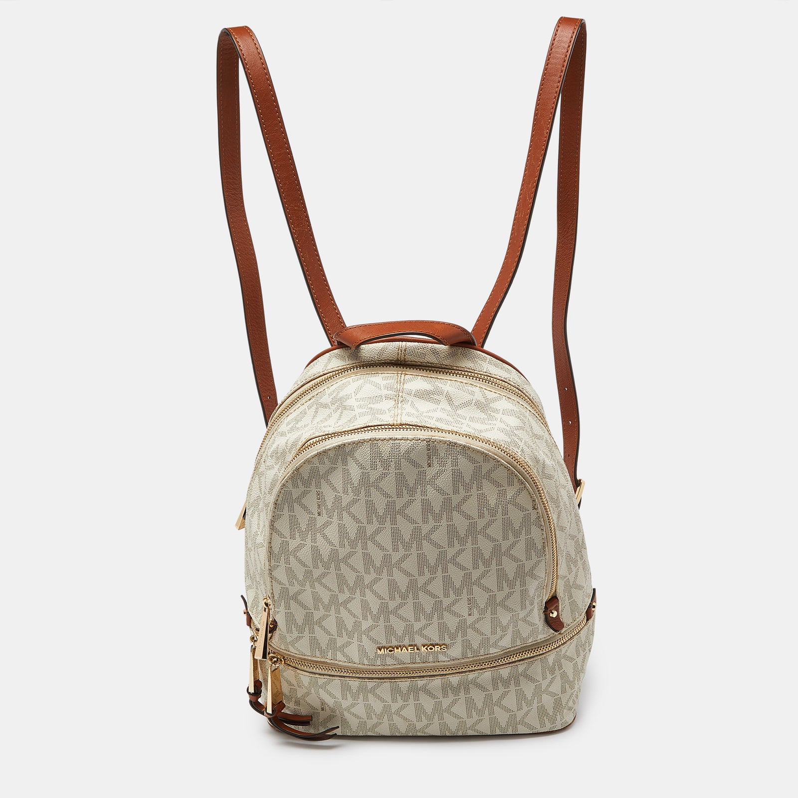 Michael Kors White/Tan Signature Coated Canvas and Leather Medium Rhea Backpack