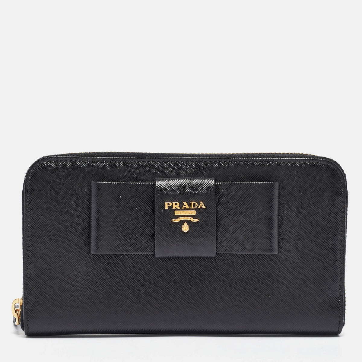 Prada Black Saffiano Metal Leather Bow Continental Wallet