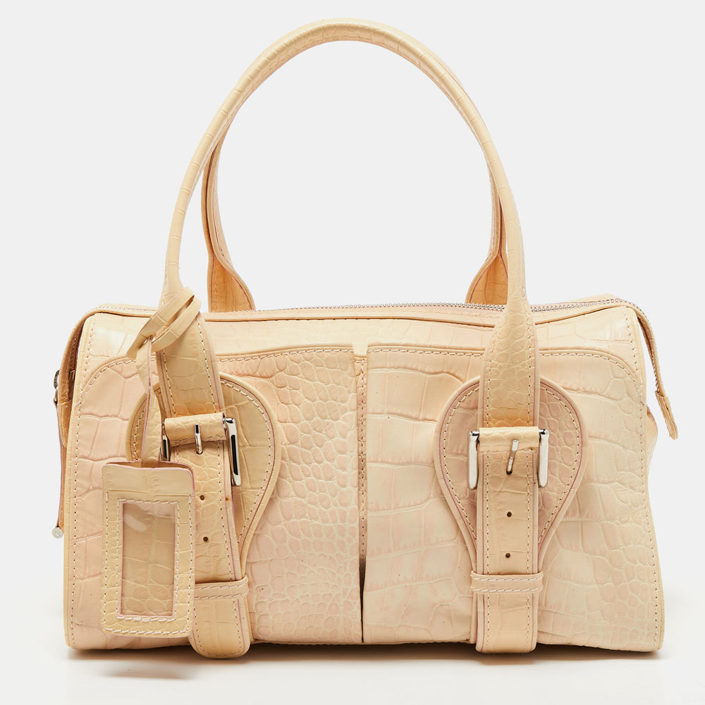 Beige Alligator Embossed Leather Boston Bag