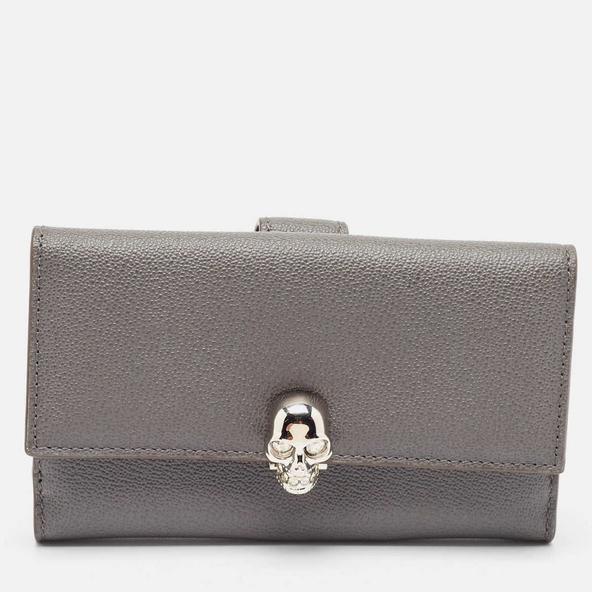 Alexander Mcqueen Grey Leather Skull Crystals French Wallet
