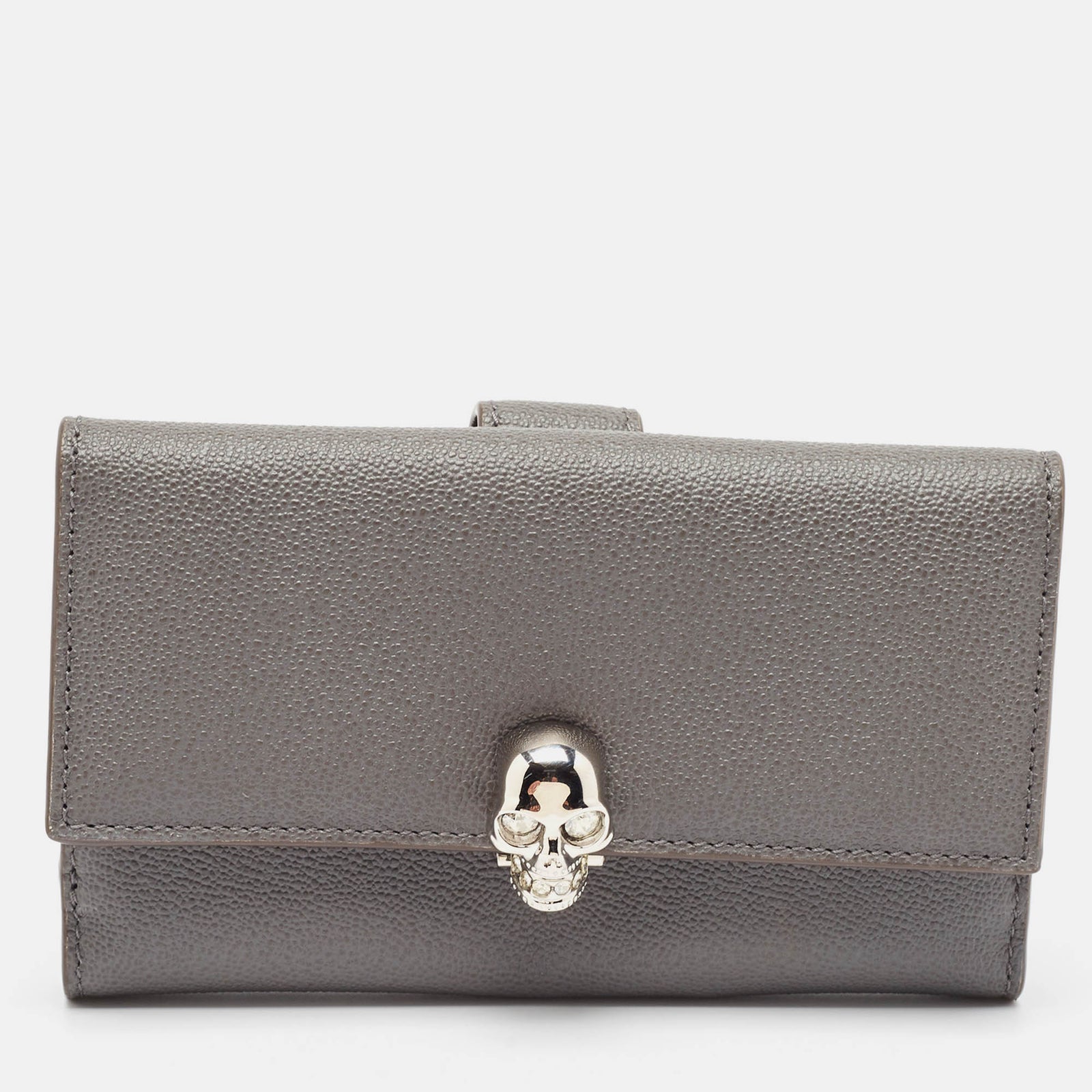 Alexander Mcqueen Grey Leather Skull Crystals French Wallet