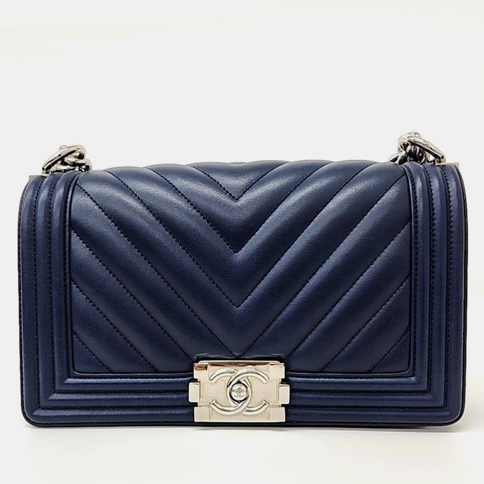 Chanel Navy Blue Chevron Leather Medium Boy Bag