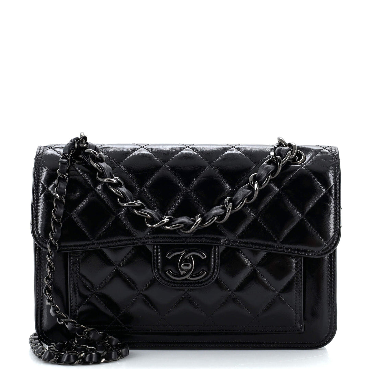 Chanel CHANEL So Black CC Front Pocket Chain Flap Bag Quilted Shiny Calfskin Medium