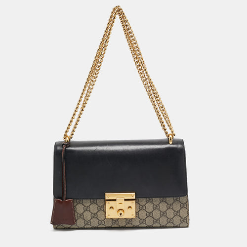 Beige/Black GG Supreme Canvas and Leather Medium Padlock Shoulder Bag