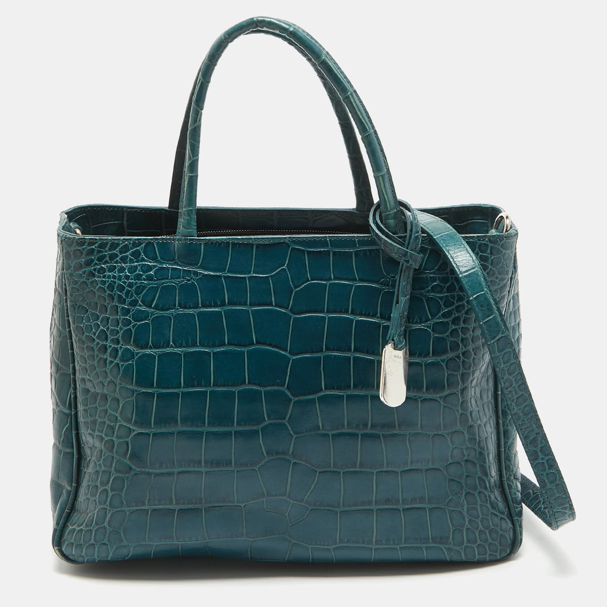 Furla Dark Green Croc Embossed Leather Practica Tote