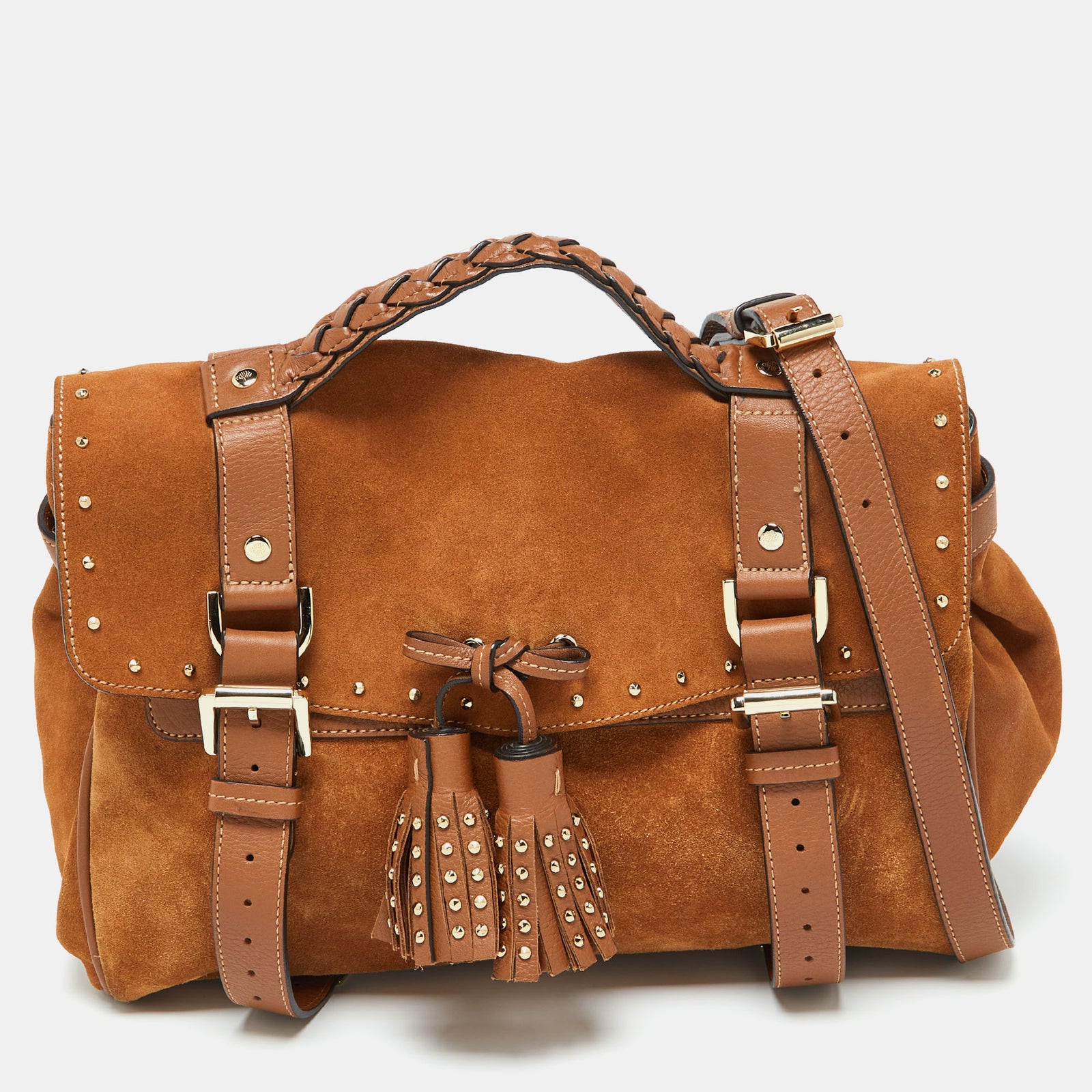 Mulberry Brown Nubuck and Leather Studded Tassel Alexa Satchel