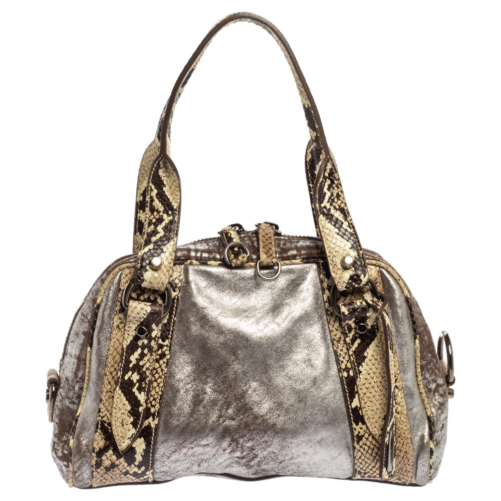 Miu Miu Silver/Cream Leather and Python Zip Satchel