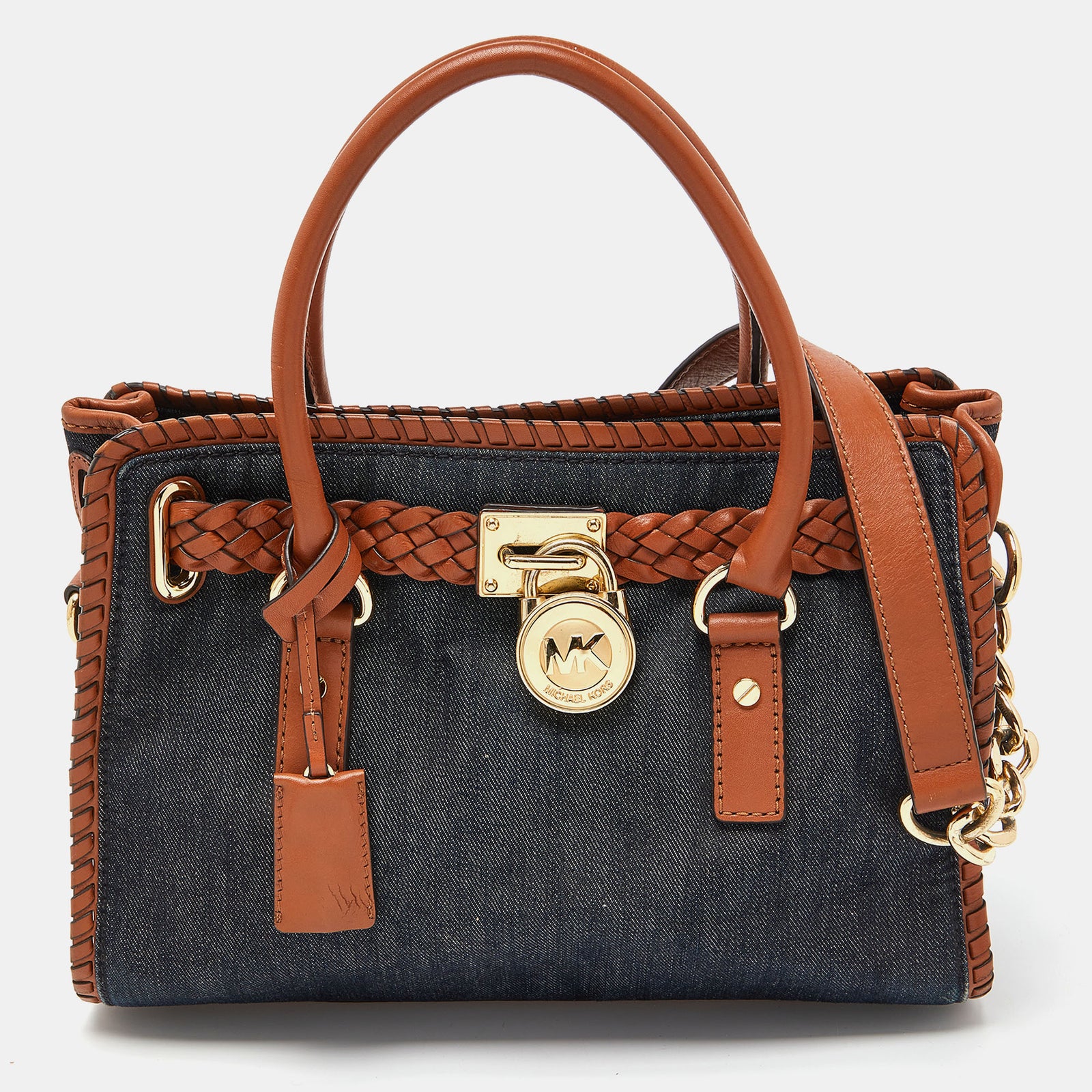 Michael Kors Blue/Tan Whipped Stitched Denim and Leather Hamilton Tote